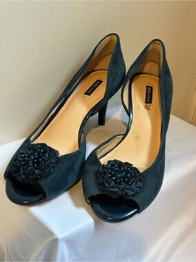 Alex Marie Teal Blue Suede Peep-Toe Heels with Floral Bead Accent